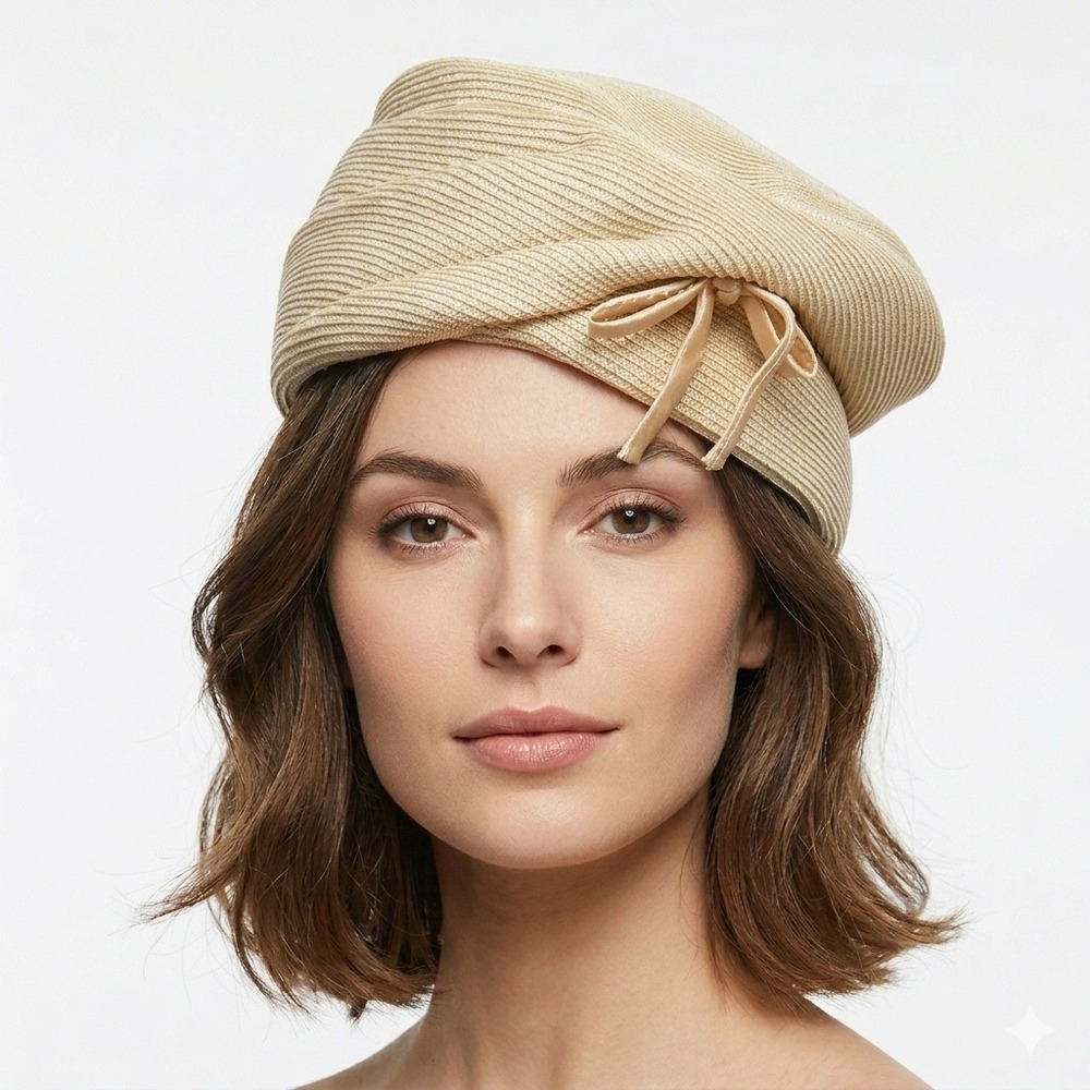 Womens Cream Woven Straw Beret Hat French Style Parisian Bow Accent Beige Summer